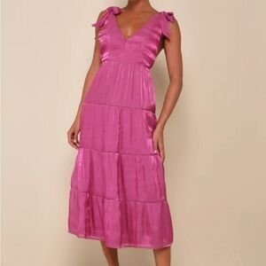 Exemplary Shine Magenta Organza Tie-Strap Tiered Midi Dress